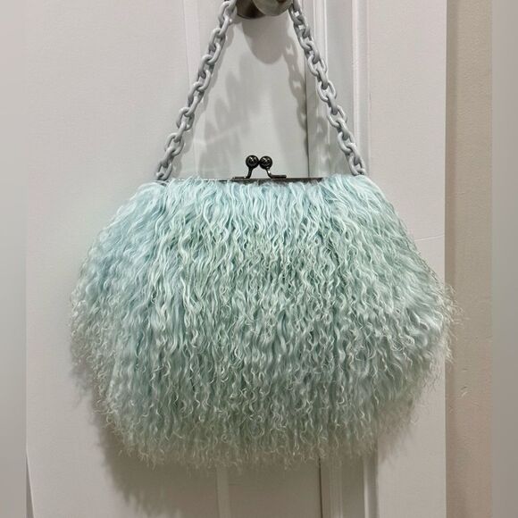 Aqua Handmade Real Mongolian Lamb Fur Kisslock Wristlet/Shoulder Bag, Crossbody - Picture 1 of 16
